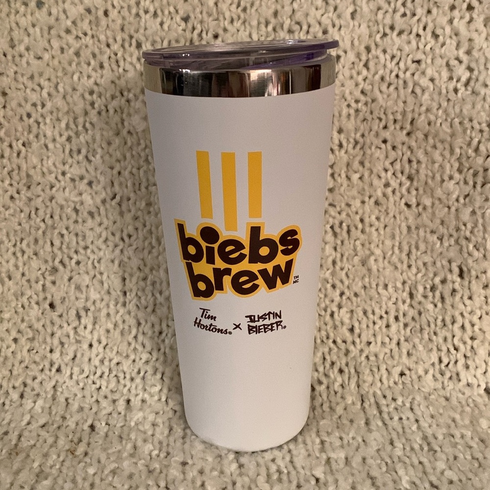Tim Hortons x Justin Bieber travel coffee mug.
